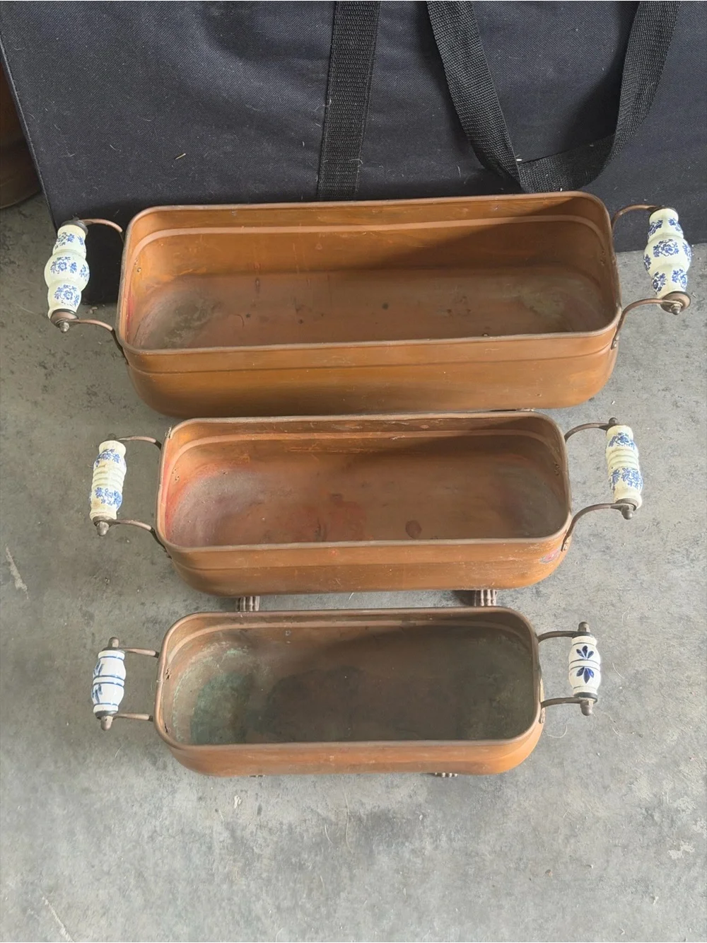 Vintage Copper Jardiniere Planters Set of 3 💙 Porcelain Handles Paw Feet